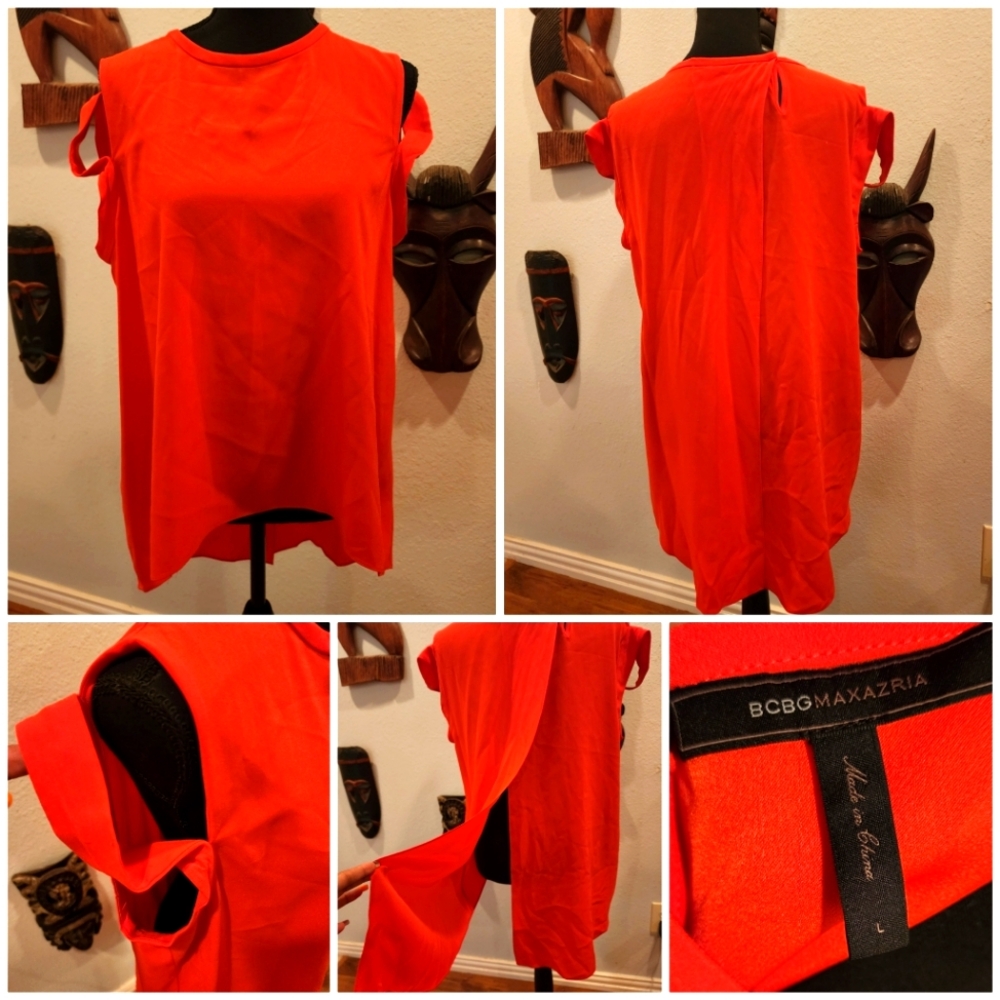 BCBG MAXAZRIA, Vicid Orange, Split-Back, Cool-Shoulder Blouse, Size L